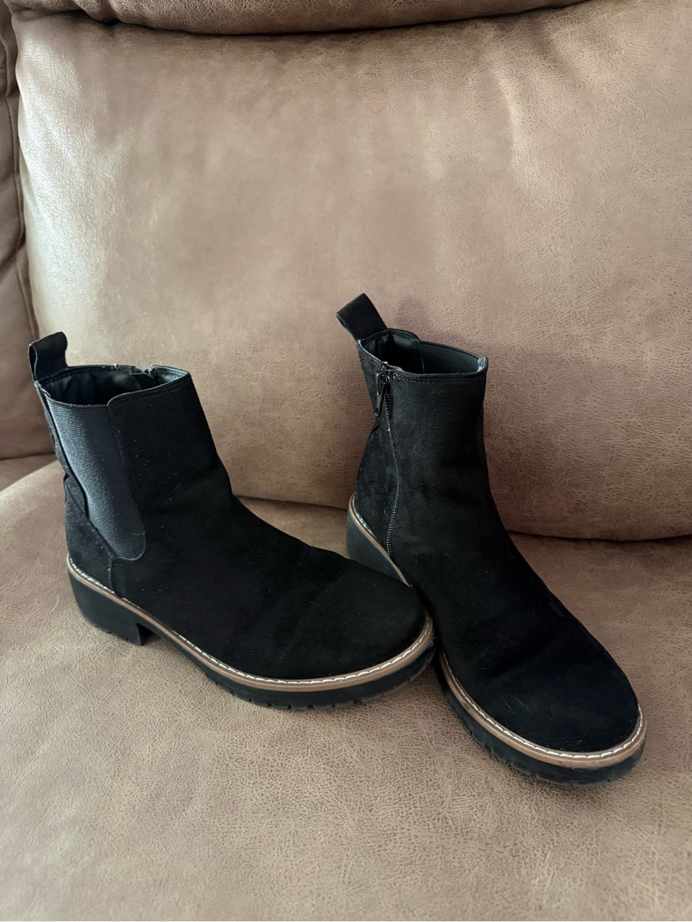 Kensie Black Suede Ankle Booties with Brown Trim